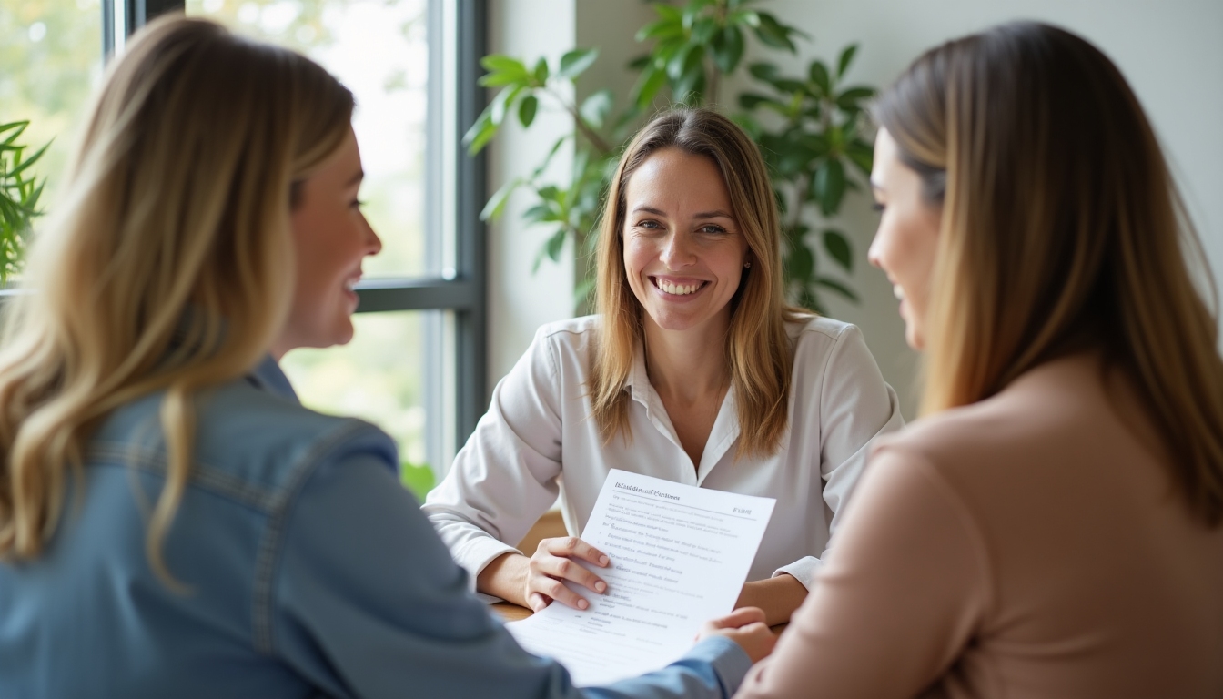 A fertility counselor discussing financial options with a patient in an inviting office environment.