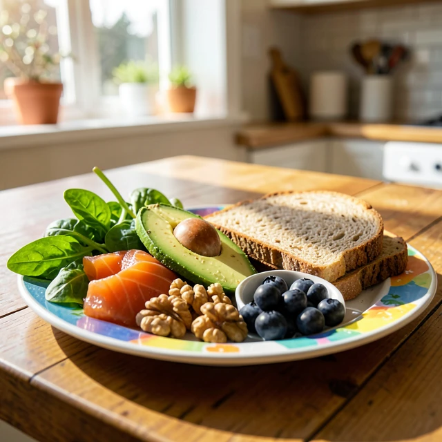 Plate of best fertility foods including avocado, salmon, spinach, nuts and berries