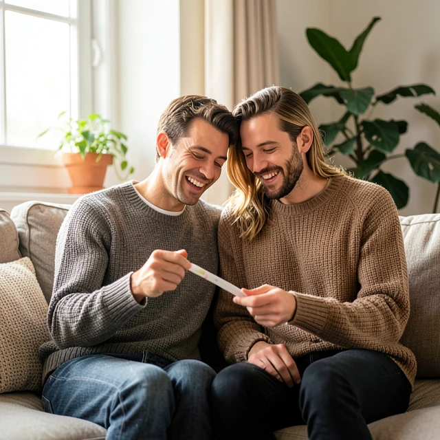 Couple celebrating positive pregnancy test after overcoming fertility challenges