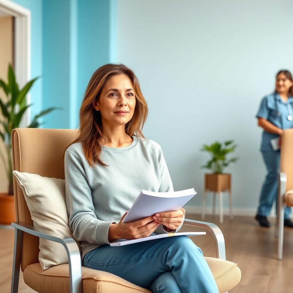 A woman in a fertility clinic waiting room