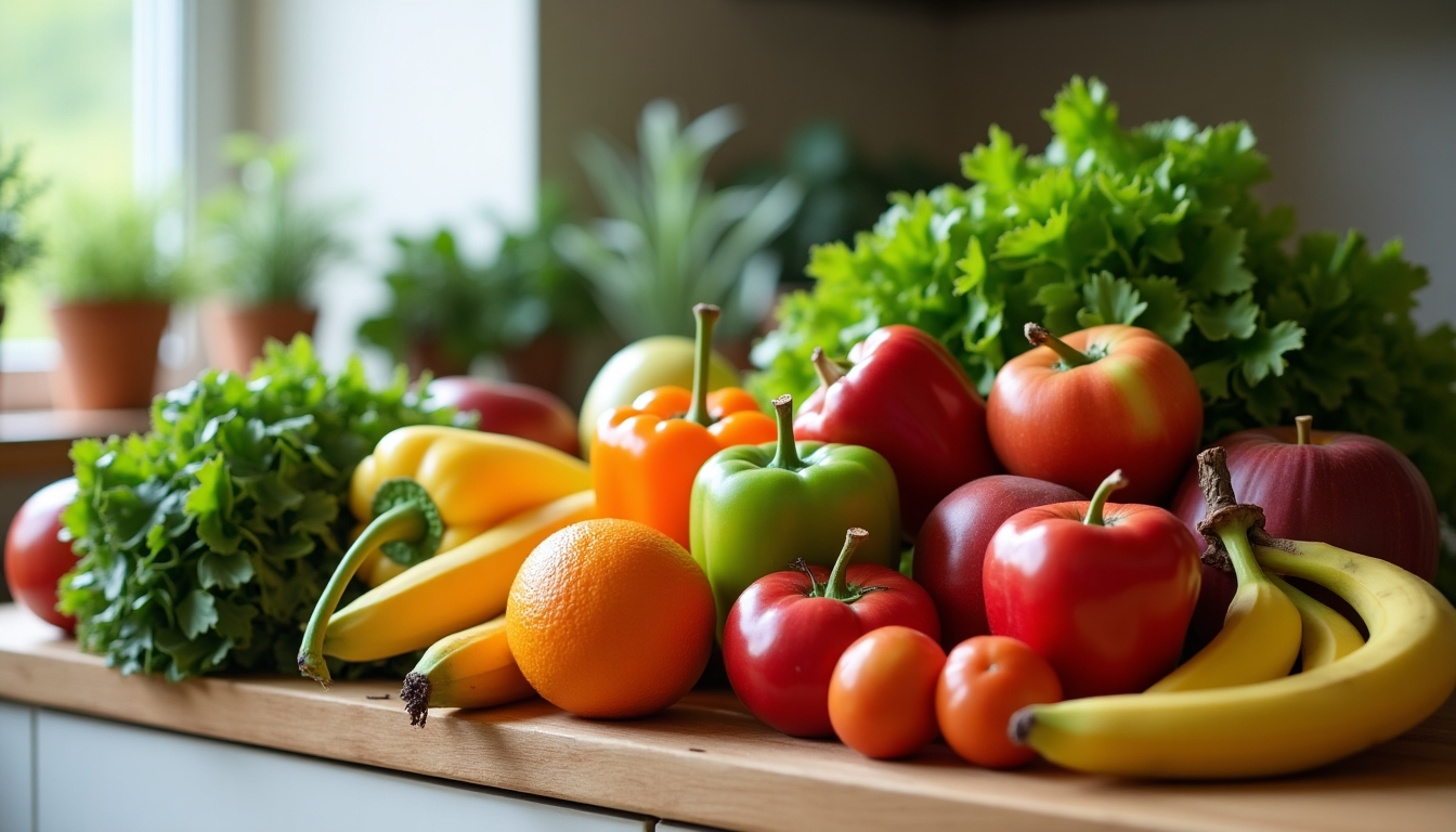 A variety of colorful fruits and vegetables on a kitchen countertop