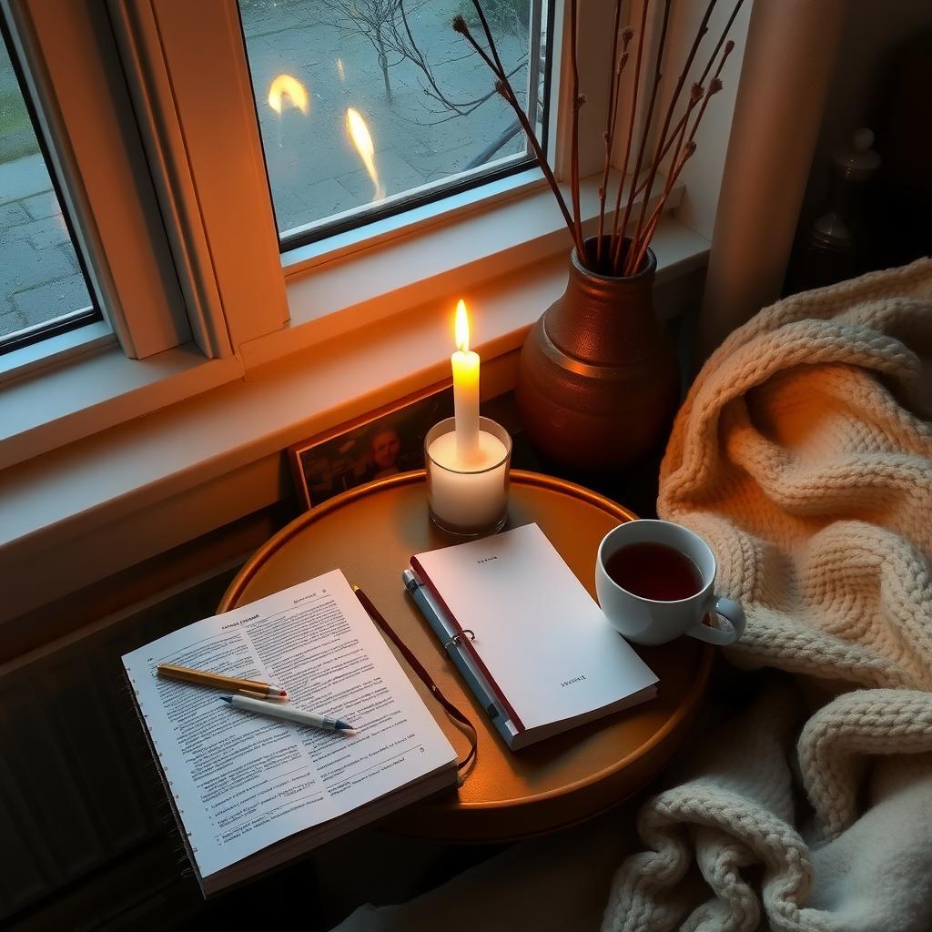 A cozy home corner with a lit candle, journal, and tea, creating a comforting space for reflection during infertility.