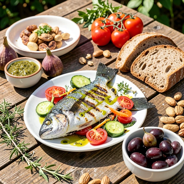 Colorful Mediterranean diet meal with fish, vegetables, olive oil, and fruits