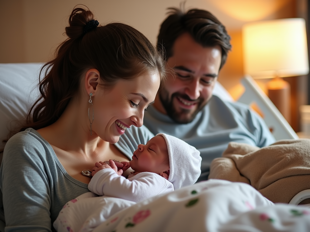 Intended parents with newborn and surrogate in a hospital room.