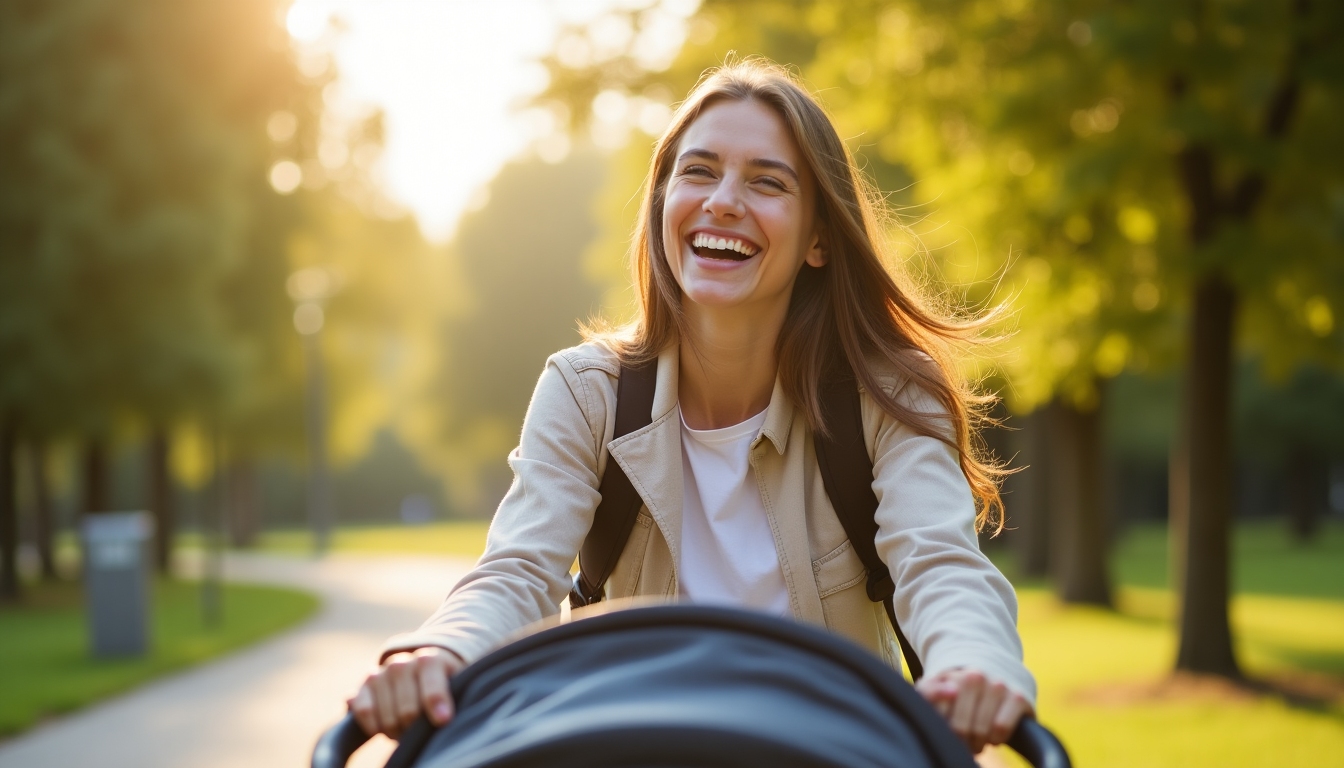 Woman with stroller after successful egg freezing