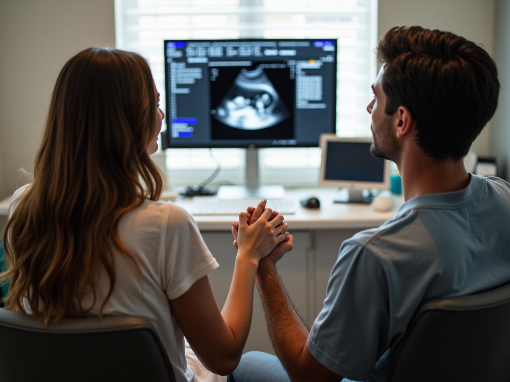 Couple with doctor reviewing IVF ultrasound.