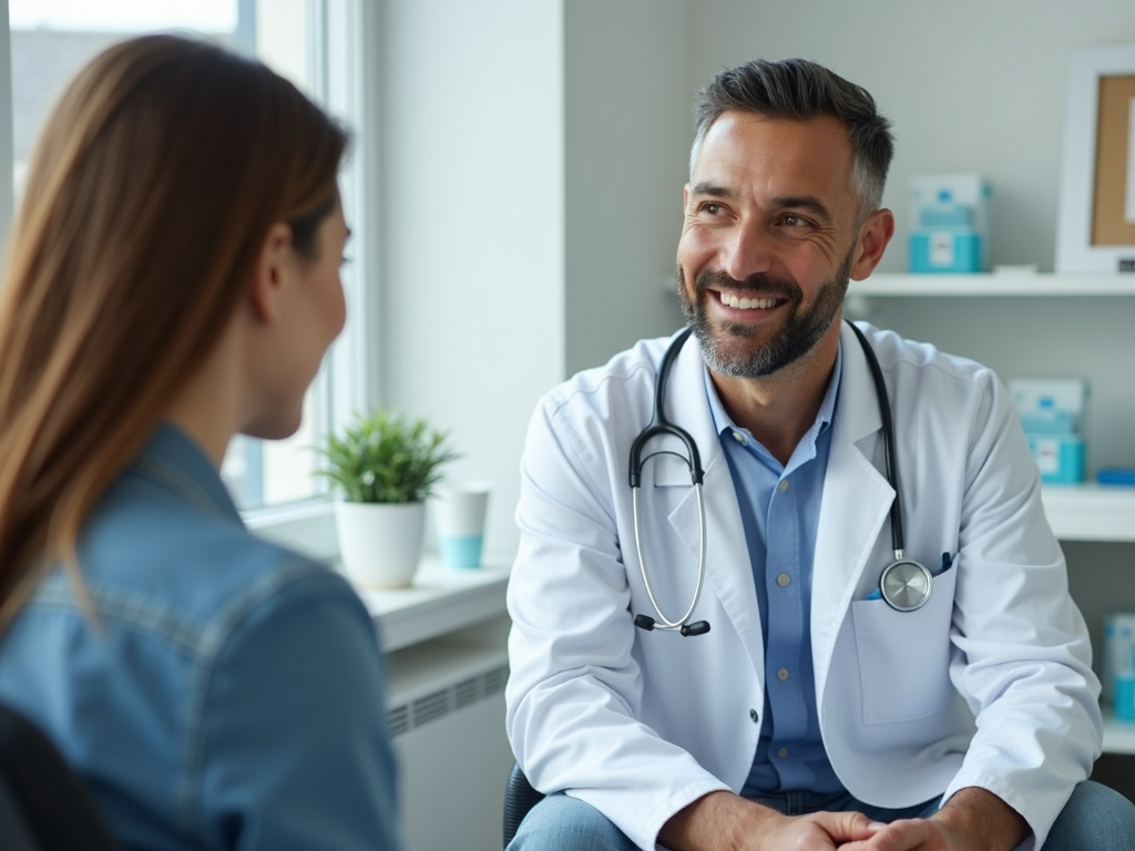 Doctor speaking kindly with a patient in a welcoming clinic office.