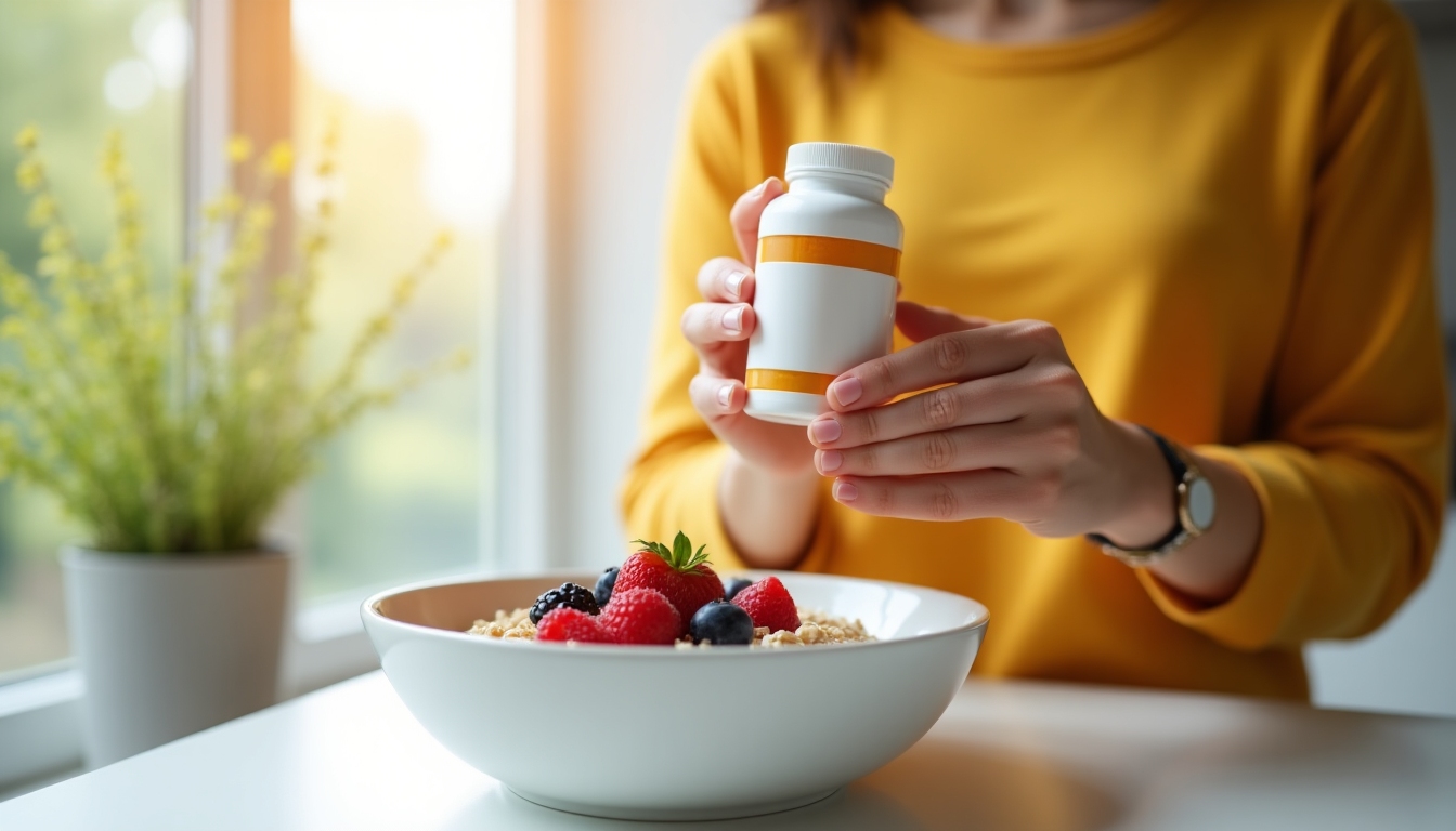 Person with vitamins and a healthy breakfast