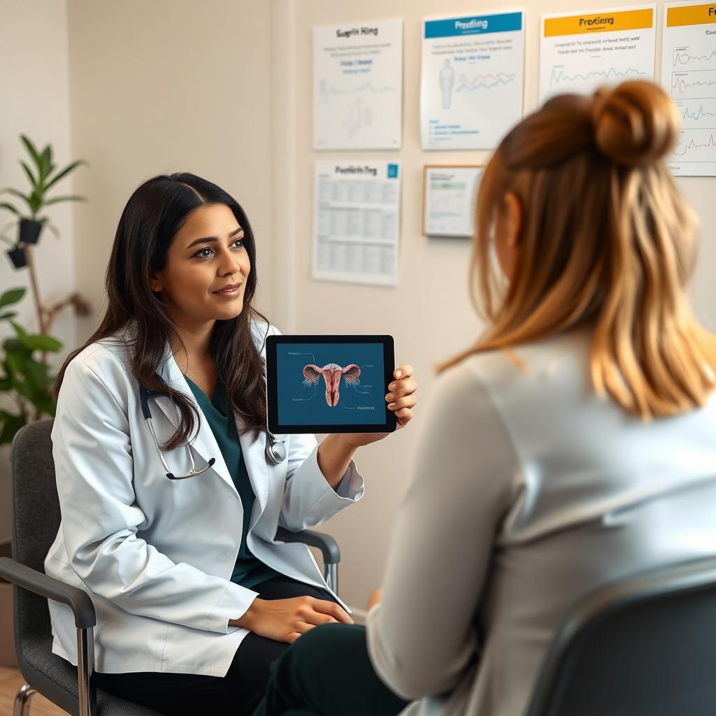 Female doctor explaining ovarian tissue freezing to a patient in a consultation room