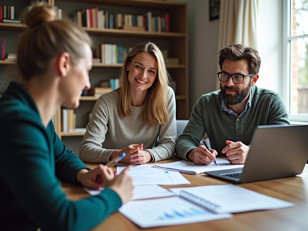 A couple reviewing finances with an advisor at home.