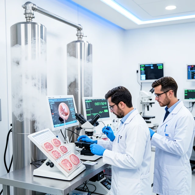 Modern fertility preservation laboratory with cryopreservation tanks and scientific equipment