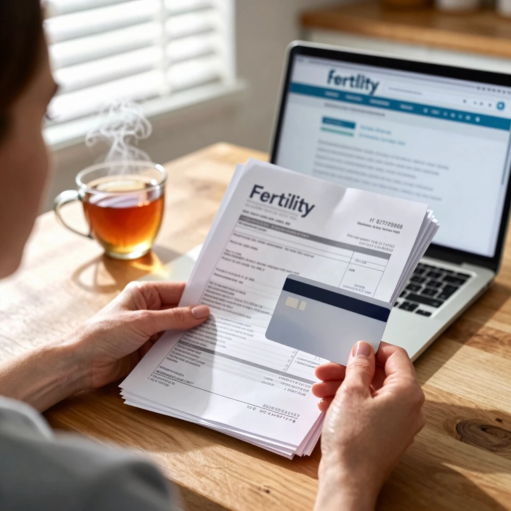 Hands sorting through fertility preservation insurance documents at home