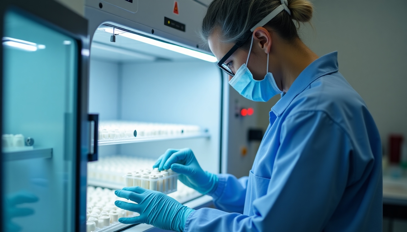 A medical professional holding an egg freezing device in a lab environment.