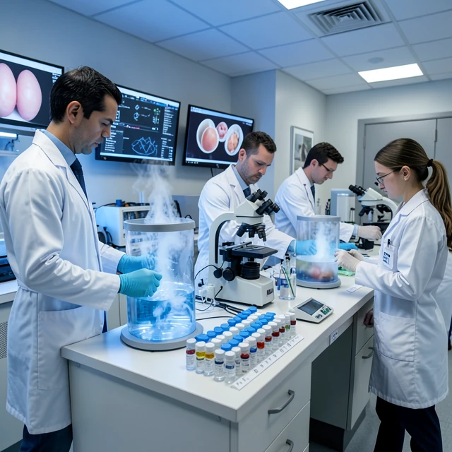 Modern fertility clinic laboratory showcasing cryopreservation equipment for egg and embryo freezing