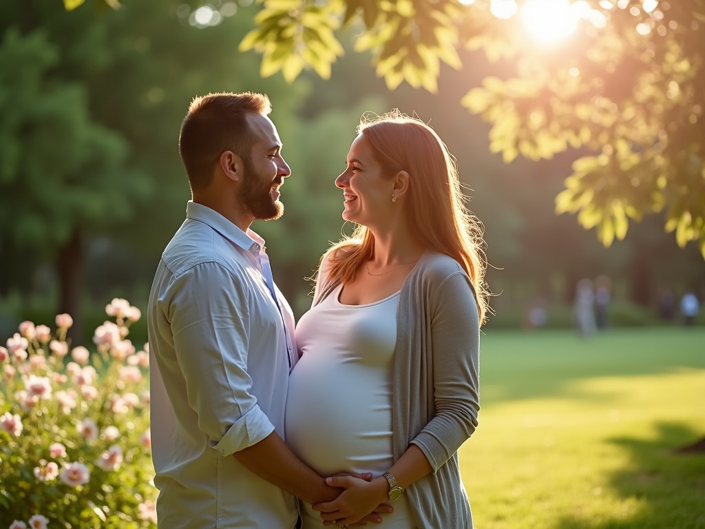 A happy couple embracing outdoors, looking hopeful and content