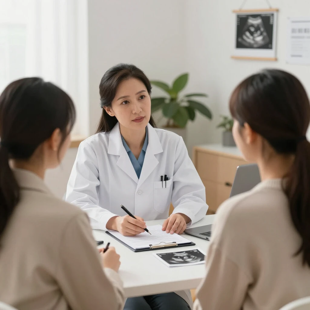 Reproductive endocrinologist consulting empathetically with a couple in office