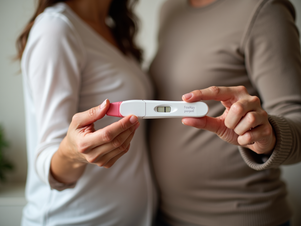 Couple celebrating a positive pregnancy test after fertility treatment.