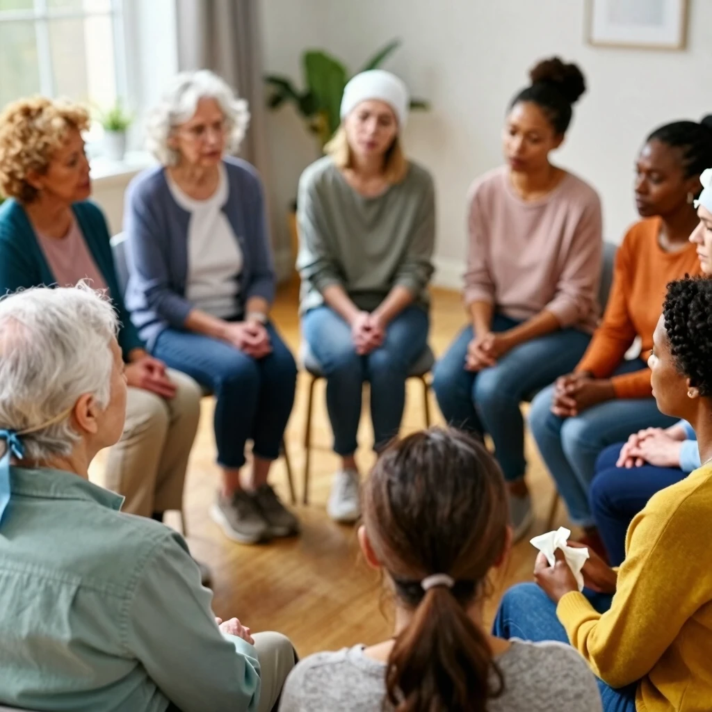 Diverse support group of cancer survivors discussing infertility and family planning