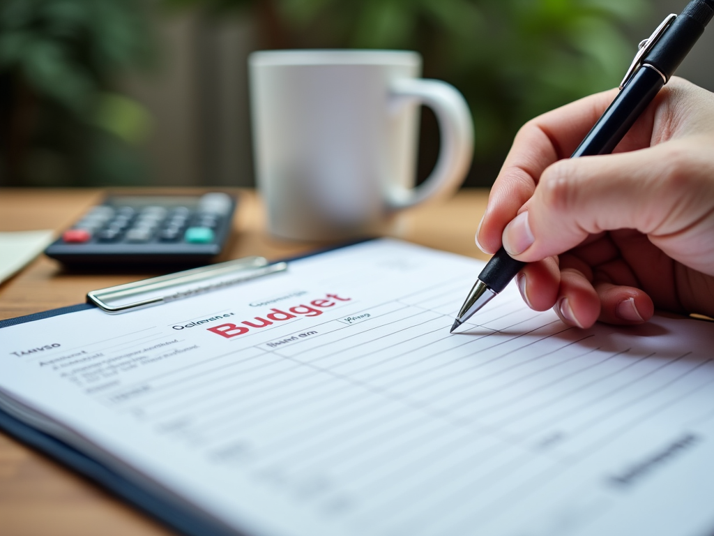 A hand writing a budget with a calculator on the table.