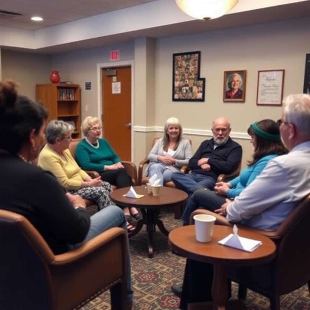 A support group meeting in a cozy community center, with people sharing fertility preservation experiences.