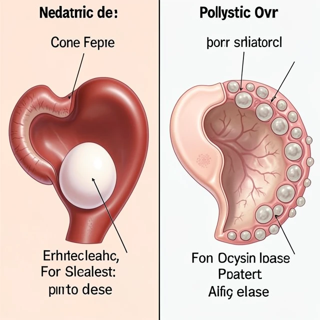 Comparison of a normal ovary and a polycystic ovary in PCOS
