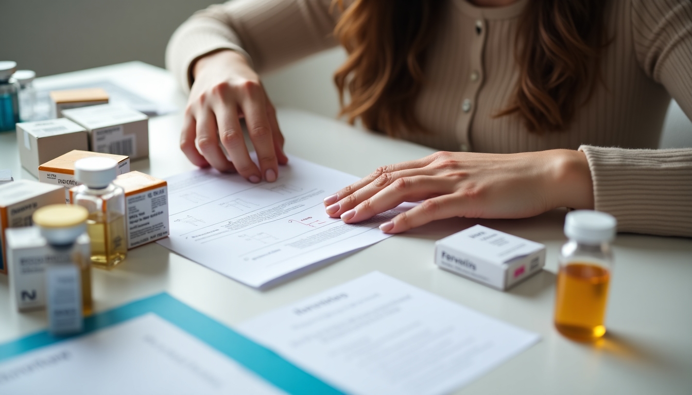 A woman organizing IVF medication with a checklist