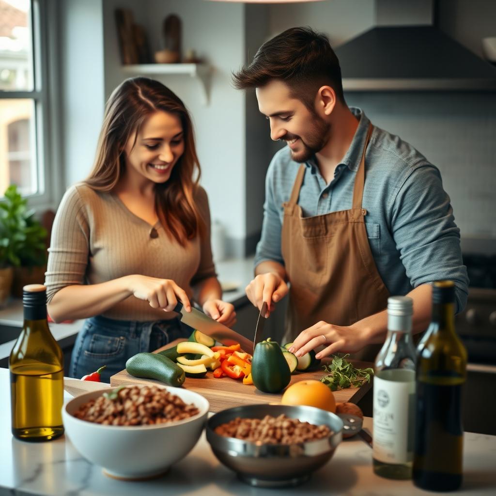 A couple preparing a healthy meal with vegetables, lentils, and olive oil in a cozy kitchen.
