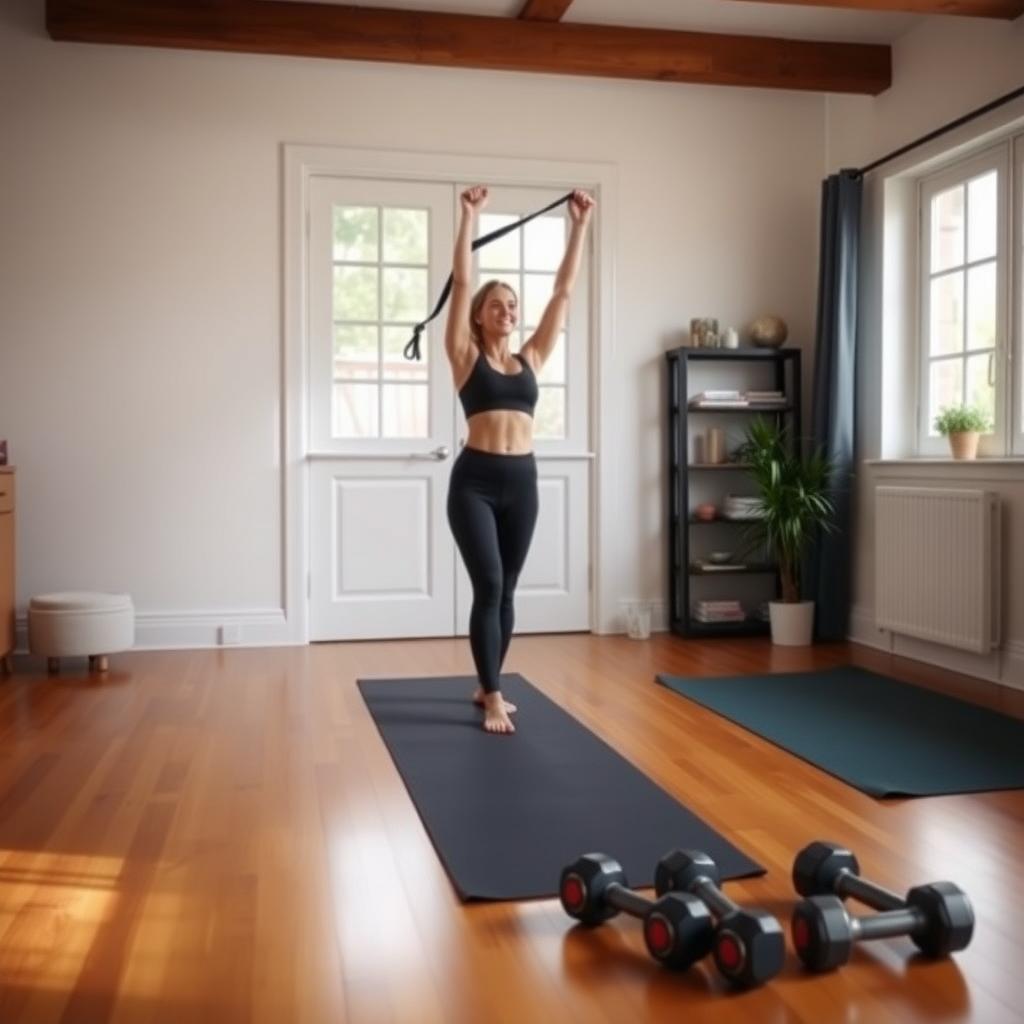 Woman performing resistance band exercises in a bright home gym