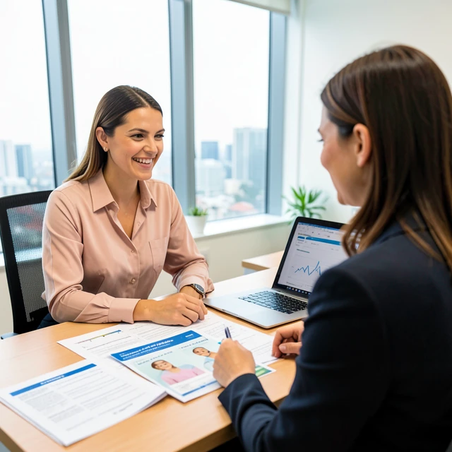 Woman discussing fertility preservation insurance coverage with advisor