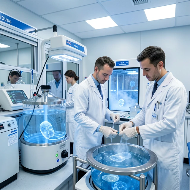Advanced fertility lab showing embryo cryopreservation process