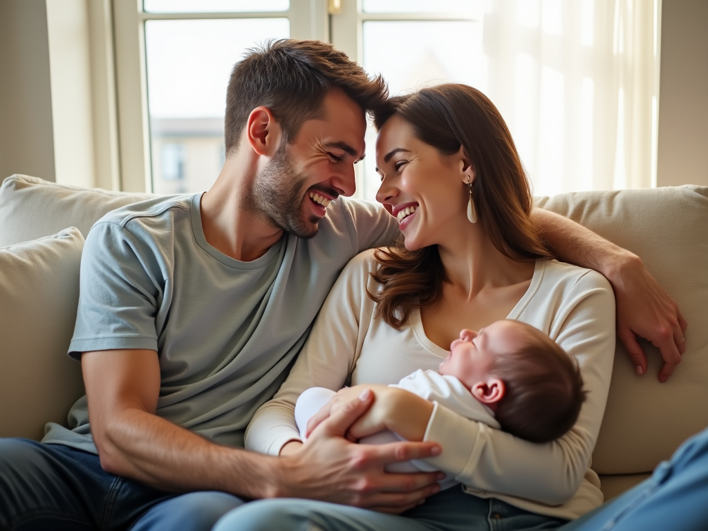 A joyful couple holding their baby, born through advanced IVF techniques