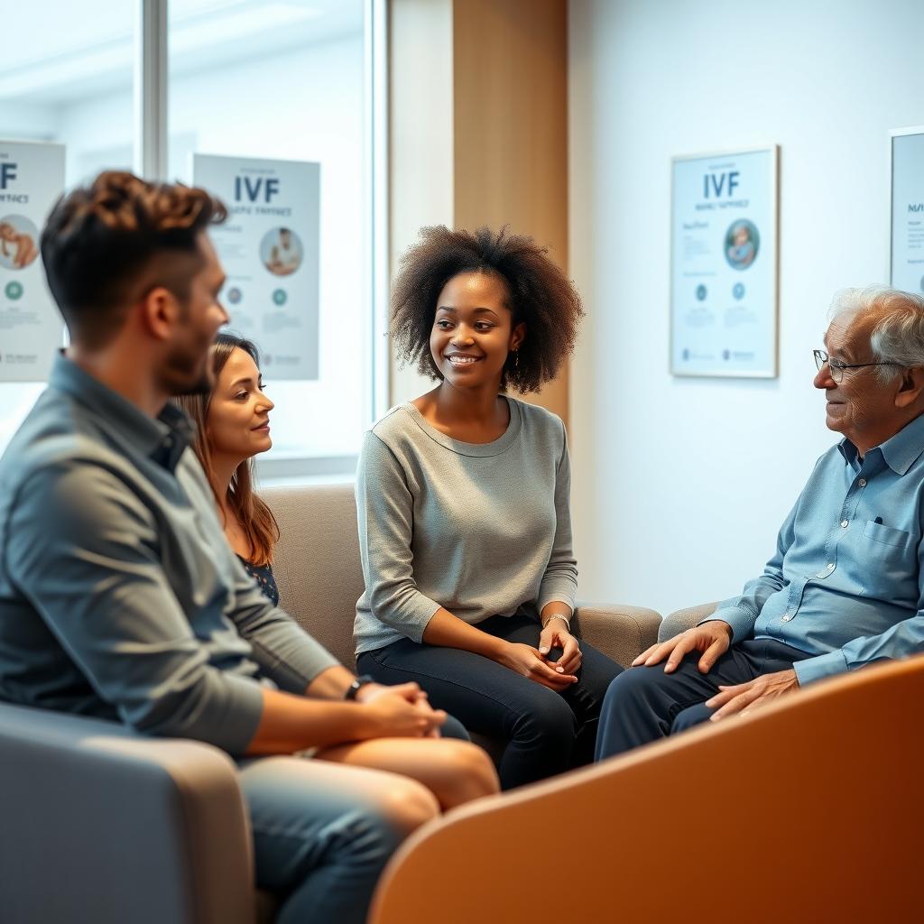 Diverse group of people in a welcoming fertility clinic waiting room