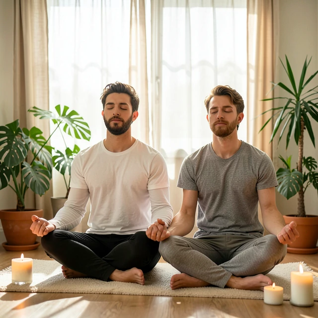 Couple practicing mindfulness meditation to reduce stress for better fertility