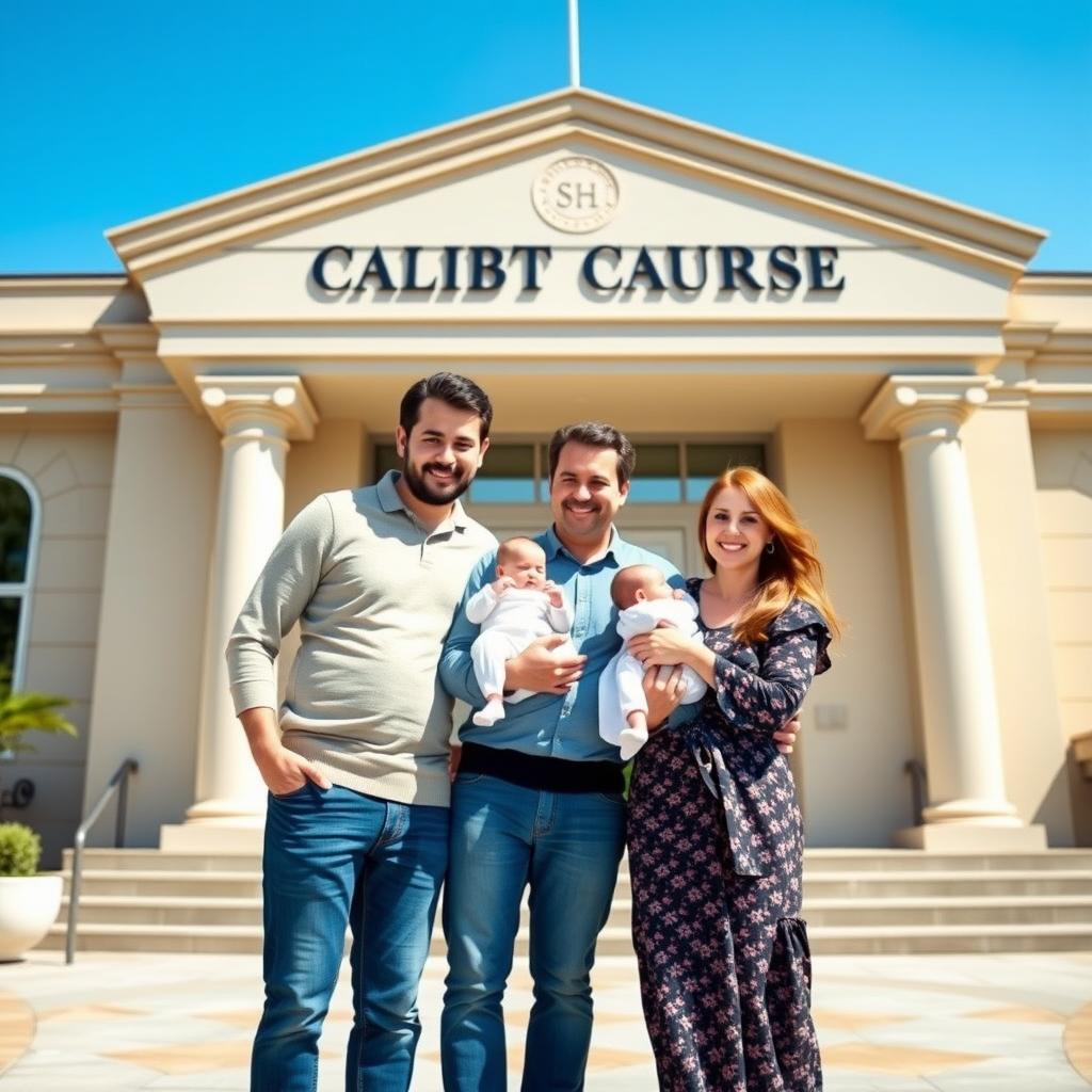 A joyful family with a newborn outside a California courthouse after a surrogacy agreement.