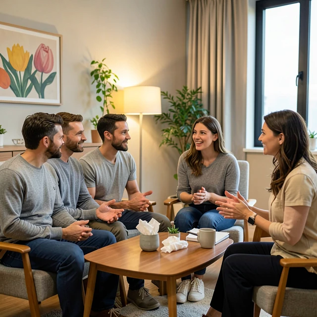 Diverse group in a surrogacy counseling session showing emotional support and open dialogue