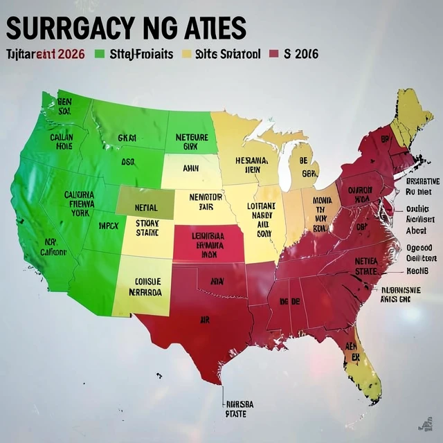 US map highlighting surrogacy laws by state in 2026