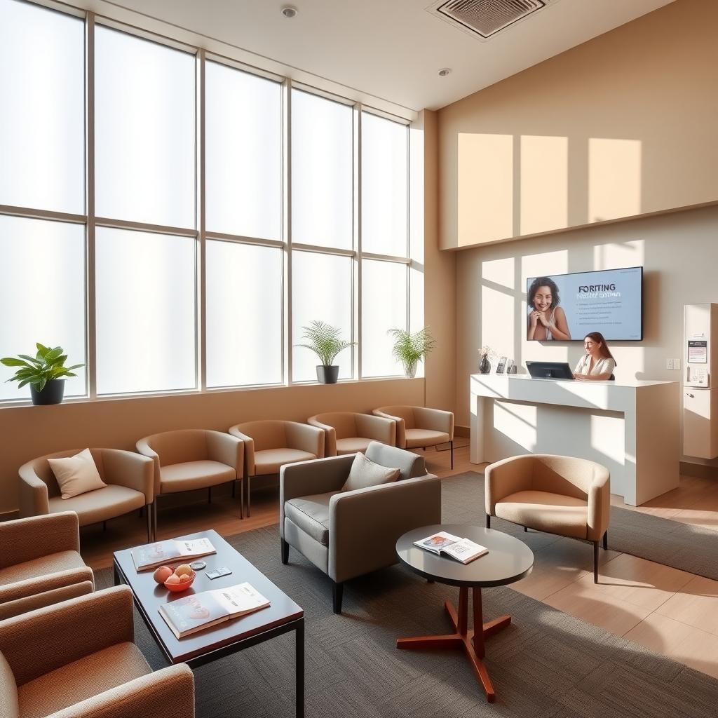 Modern fertility clinic waiting room with comfortable seating and calming decor