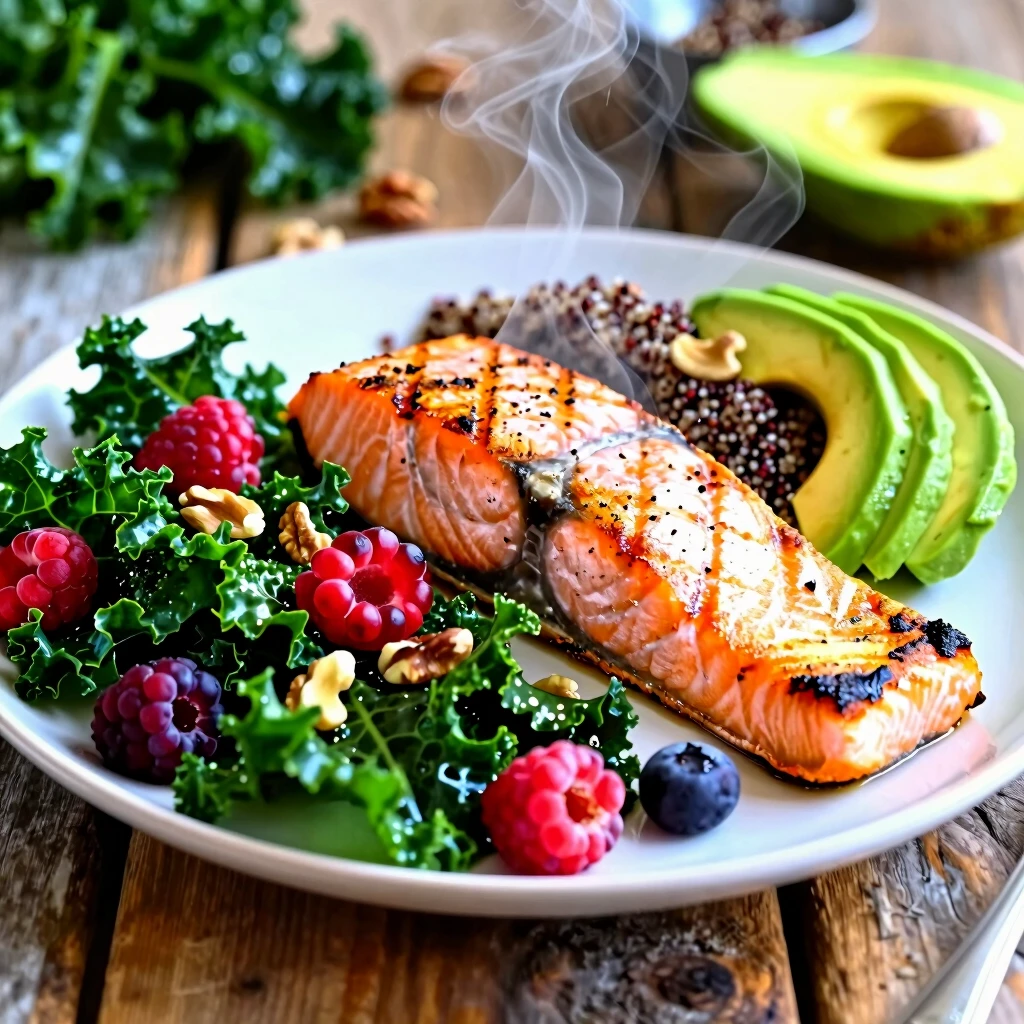 Colorful plate of salmon and greens for fertility nutrition