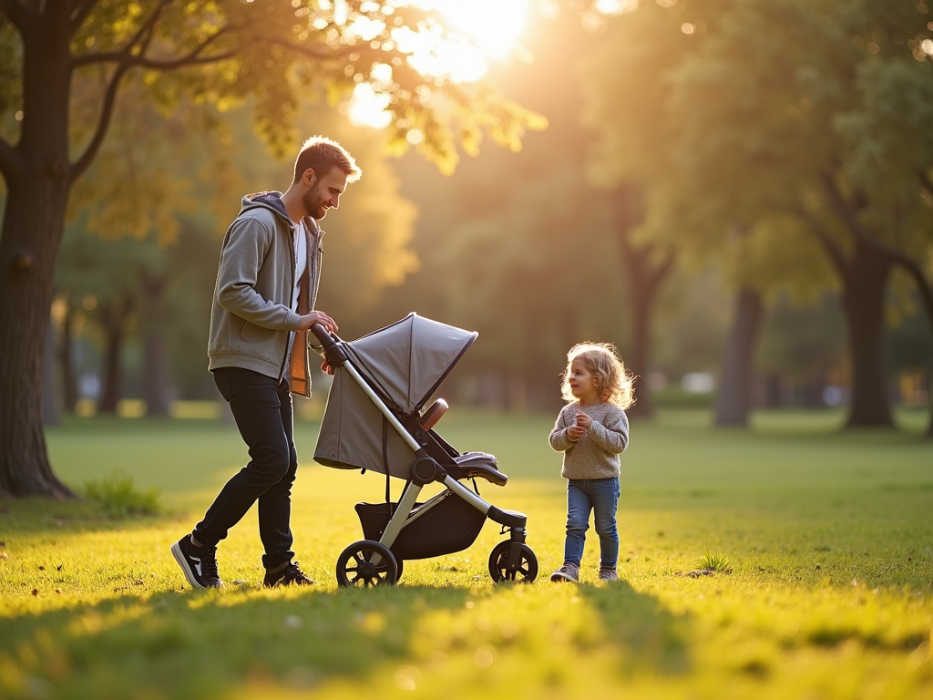 Dad and toddler enjoying a park walk.