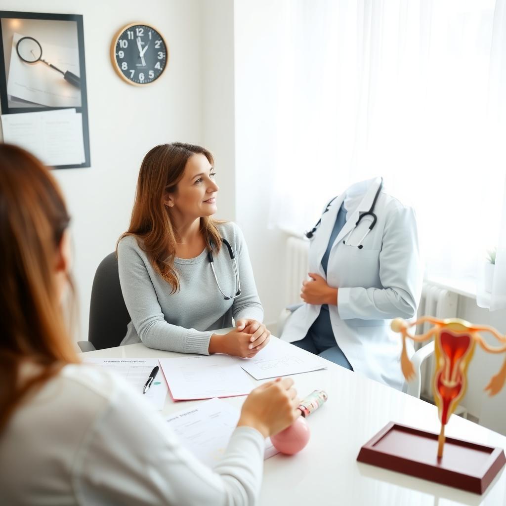 A doctor discussing Clomiphene with a patient in a serene office.