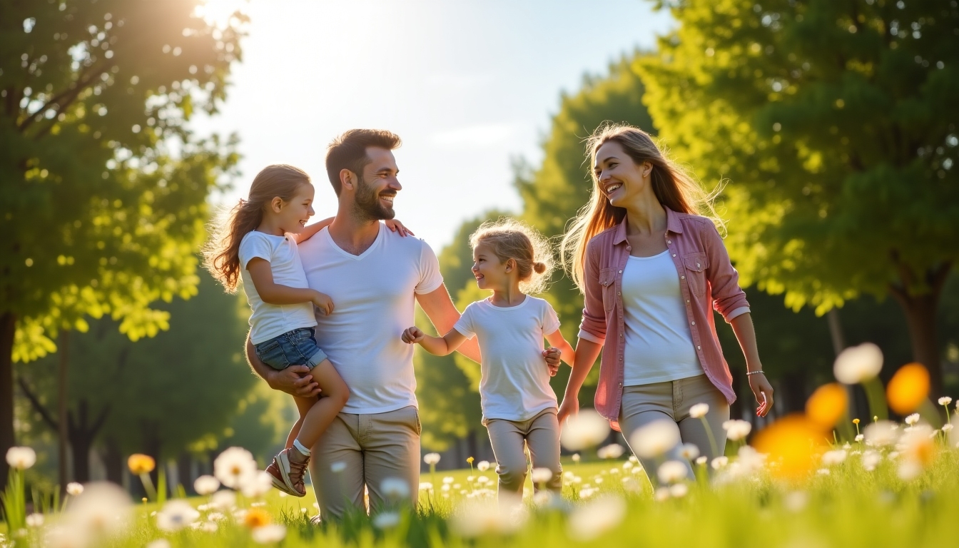Happy family with children after successful fertility treatment enjoying a sunny park day.