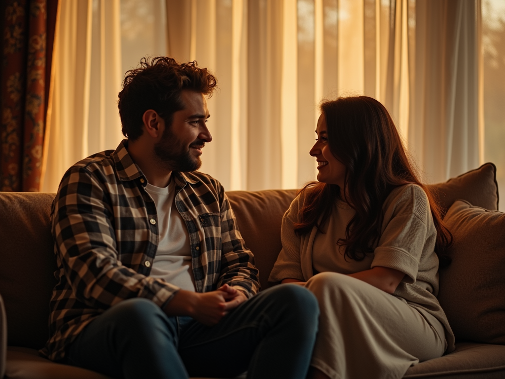 A couple talking while sitting together on a sofa
