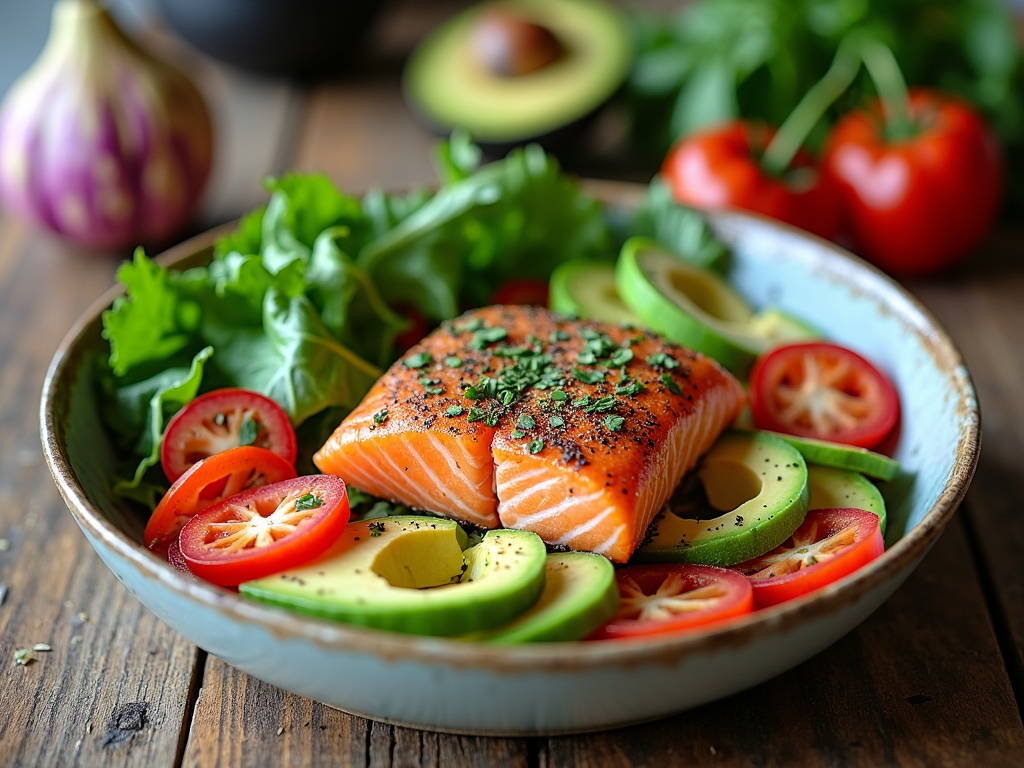 A healthy meal with salmon, avocado, and greens to boost fertility