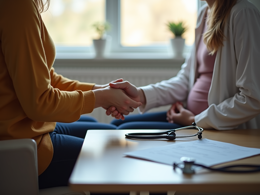 Couple holding hands in a fertility clinic waiting room