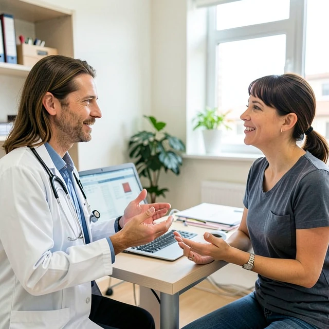 Fertility specialist consulting with a couple in a clinic office