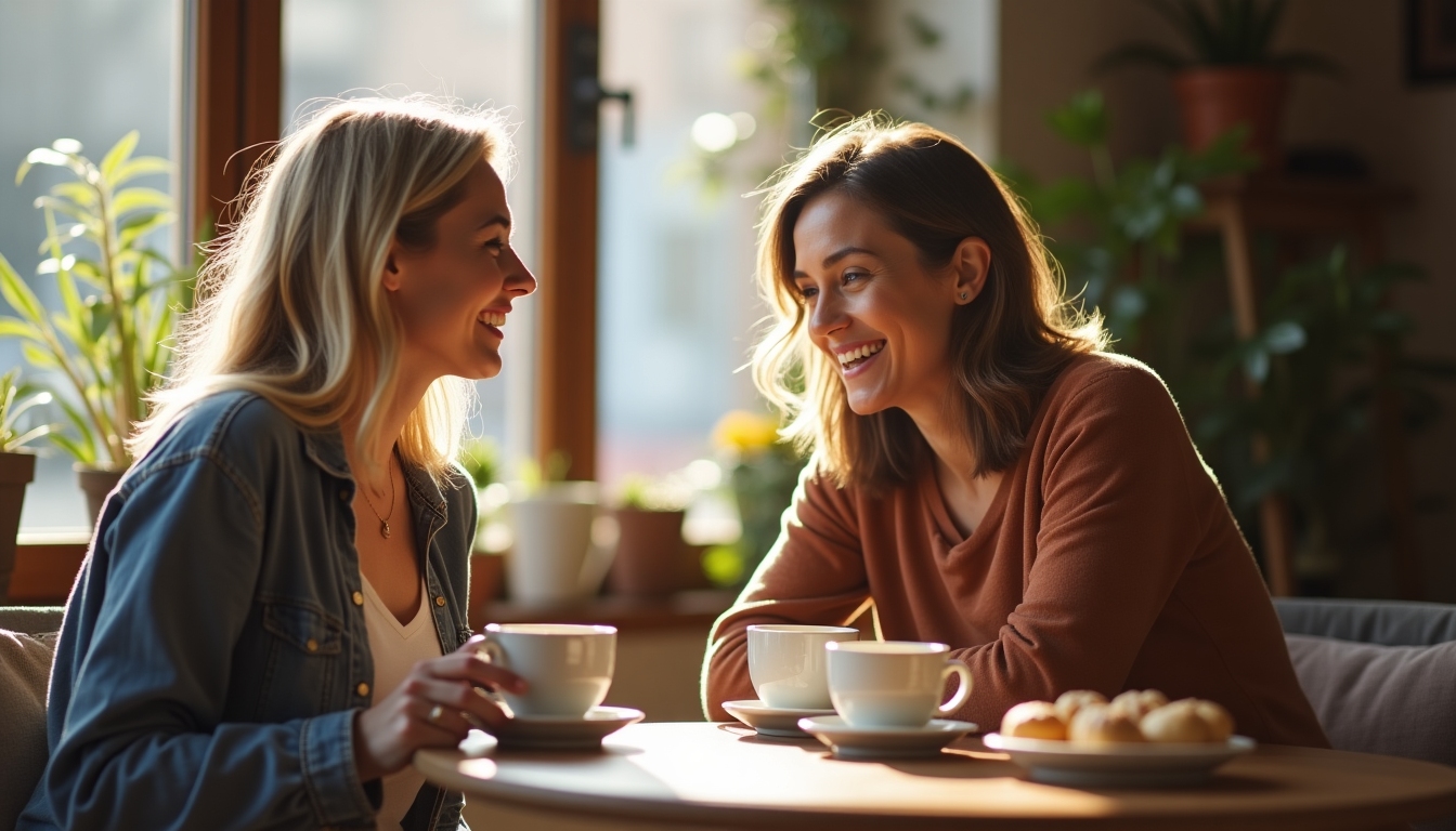 Two women sitting together, sharing their IVF experiences over coffee.