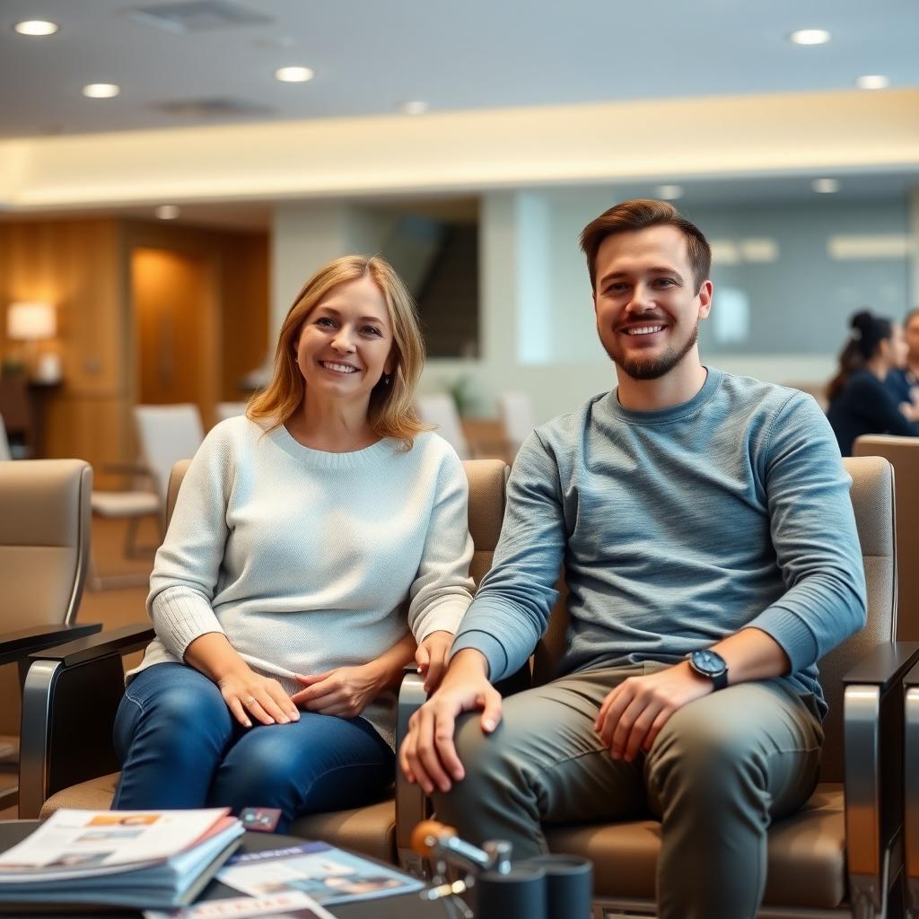 A couple in a modern fertility clinic waiting room, holding hands with informational pamphlets nearby.