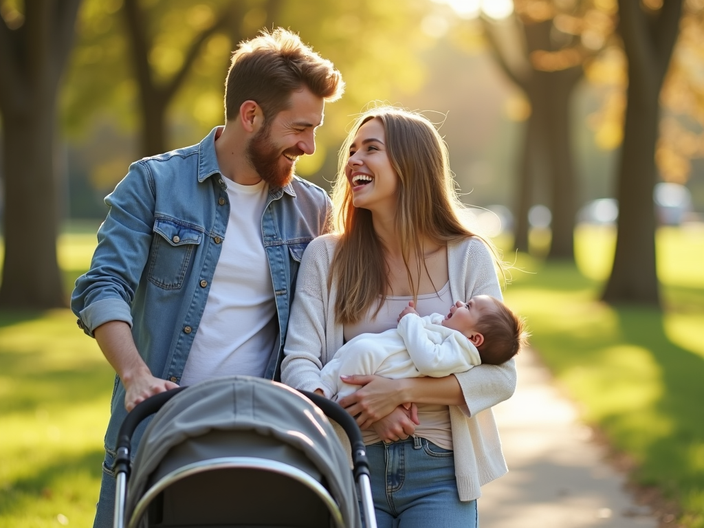 Young couple with baby after IVF in park.