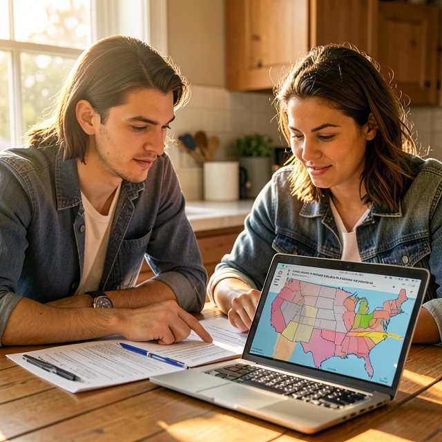 Young couple researching state infertility insurance coverage together at home