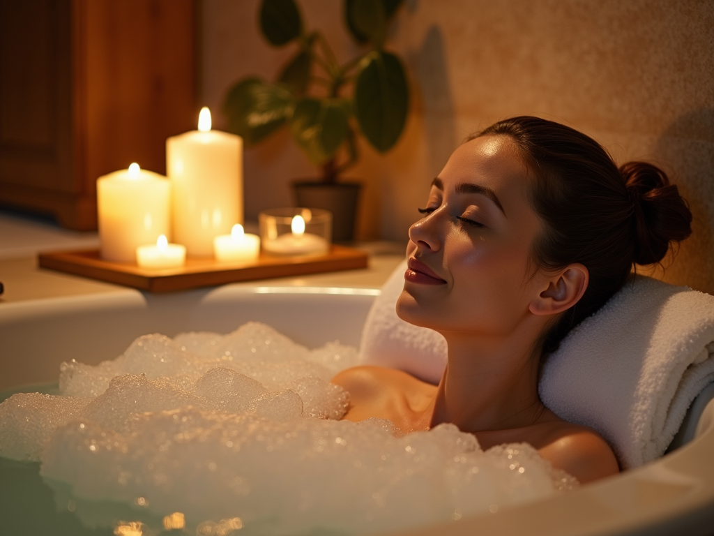 Person relaxing in a candlelit bath